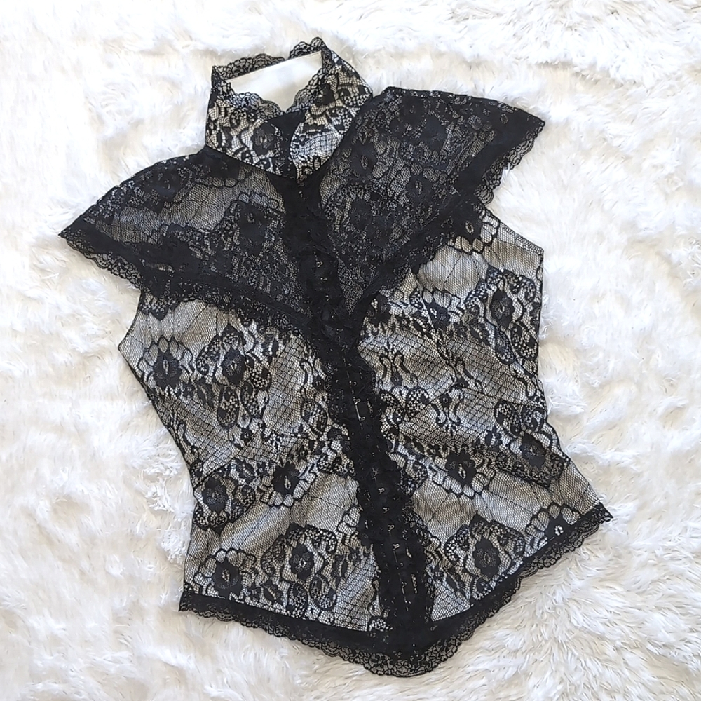 Y2K Vintage Lip Service High Collar Sheer Lace Hook & Eye Corset Top Size Medium